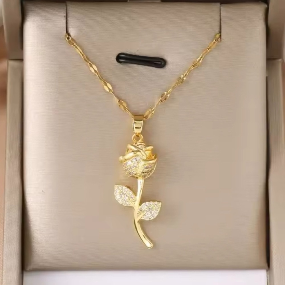 18K Gold Rose Flower Long Stem With Pave Diamond Inlay Pendant Necklace - Picture 3 of 5